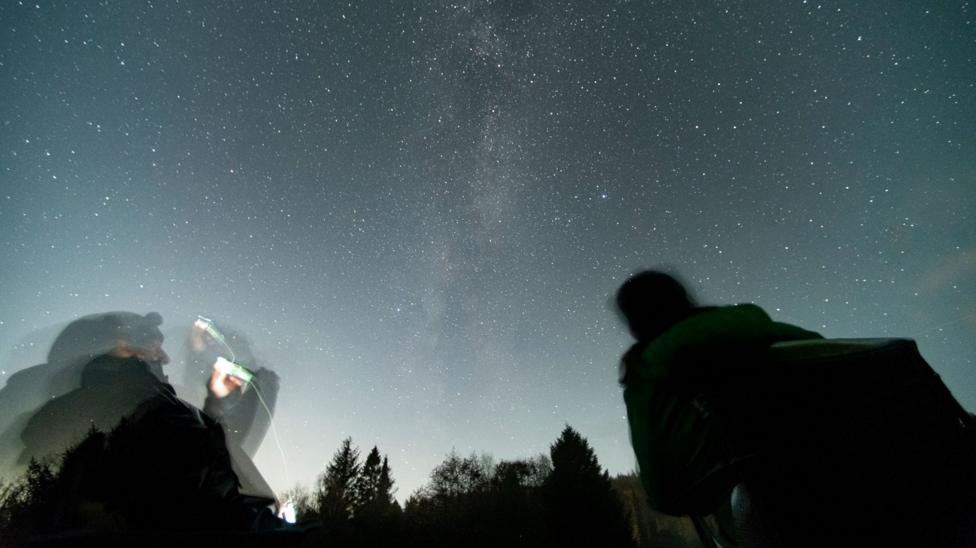 Two people looking out at a starry sky in a forest