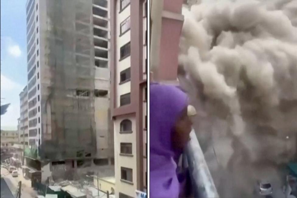 Still frames taken from footage of the building's collapse showing it fully standing (left) and (right) a cloud of dust after it collapsed.