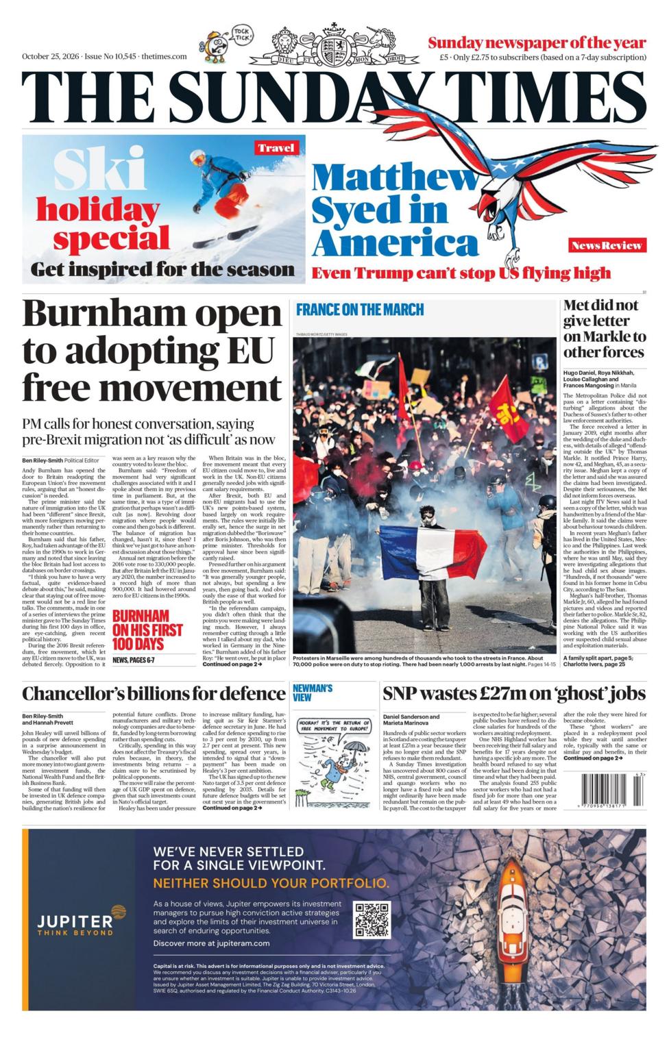 "Burnham open to adopting EU free movement," reads the headline on the front page of the Sunday Times.
