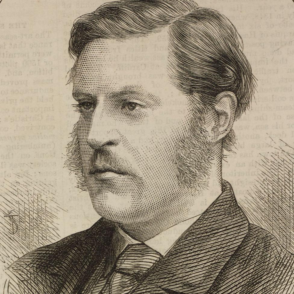 An illustration of the John Patrick Crichton-Stuart, the 3rd Marquess of Bute. He has dark combed hair, a moustache and large sideburns.