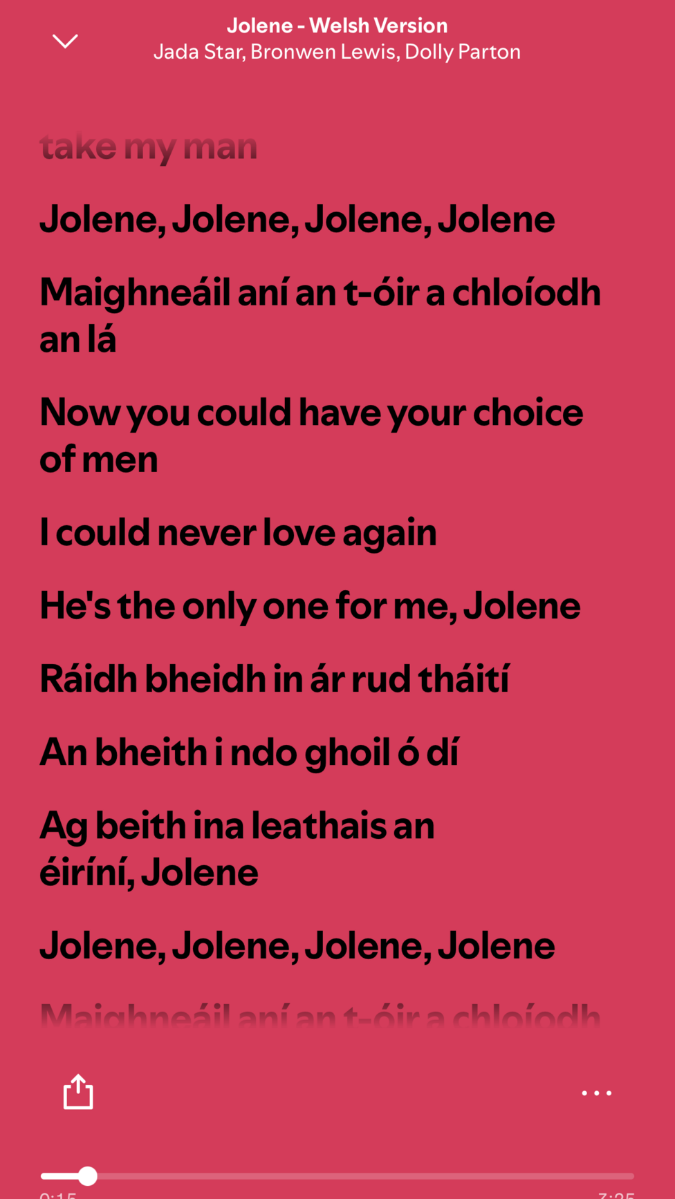 A screenshot of lyrics for Jolene are pictured on Spotify, in a mixture of English and Irish.