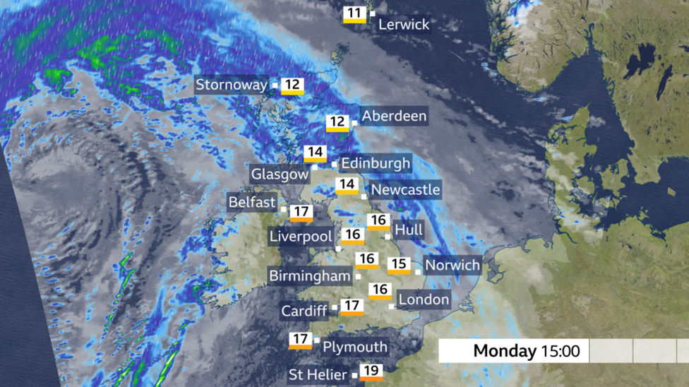 A weather map showing conditions for Monday at 3pm
