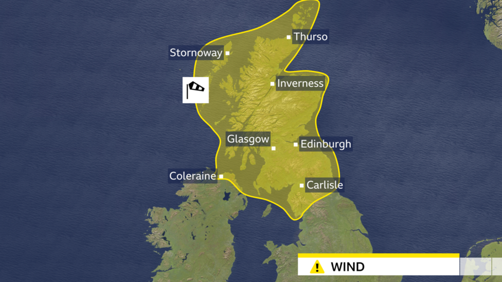 A map showing the area covered by the Met Office yellow warning for wind