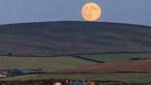 A huge cream-coloured moon rises over a hilltop with fields and houses in the foreground. It is dusk and the sky is light blue.