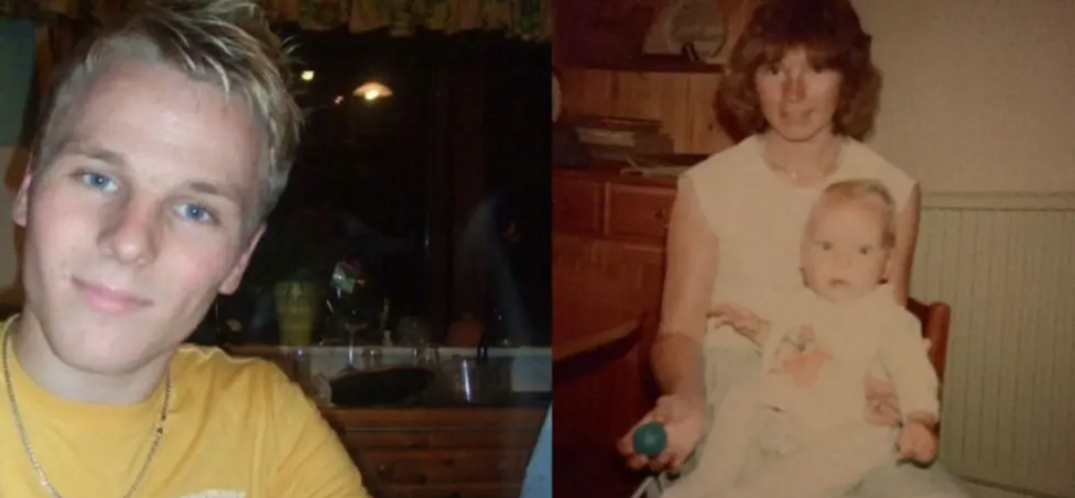 Two pictures side by side. The one on the left as you look at it shows a young man with blonde hair in a yellow t-shirt staring at the camera. The picture on the right shows a smiling young woman with a baby sitting on her lap.