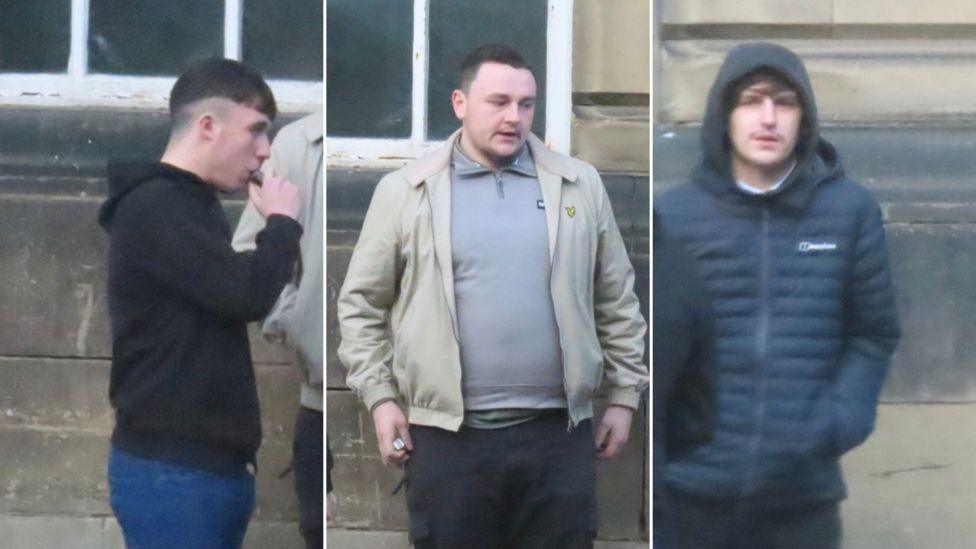 Sean McGovern (left), Nathan Anderson (centre) and Kieran Sutherland (right) standing outside Edinburgh Sheriff Court.