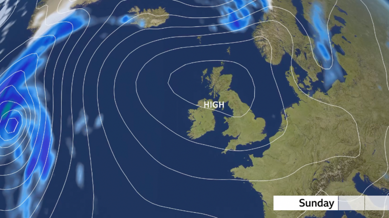 BBC Weather pressure chart graphic showing a large area of high pressure across the UK on Sunday