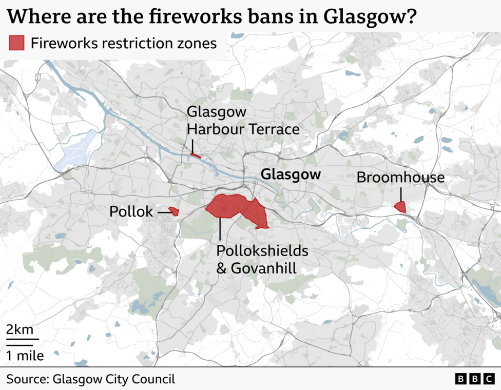A map showing the firework control zones in Glasgow in red.
