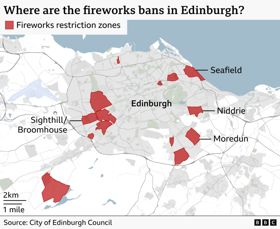 A map showing the firework control zones in Edinburgh in red.