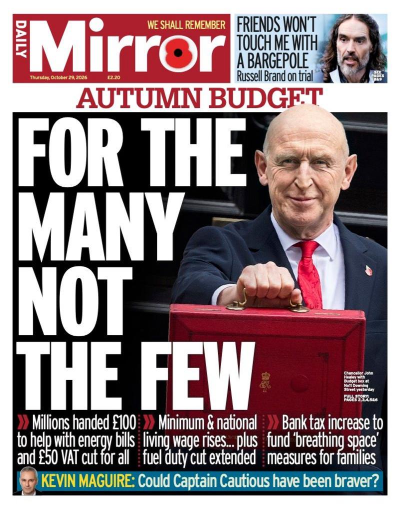 The headline on the front page of the Daily Mirror reads: 'For the many not the few.'