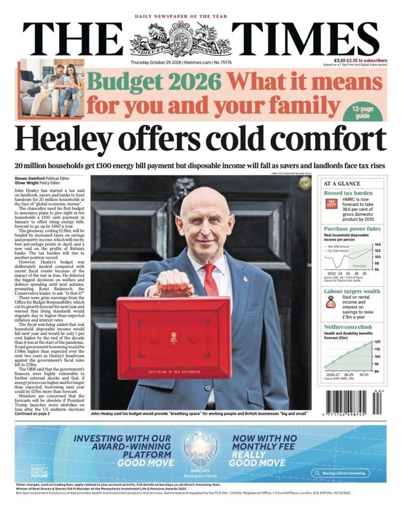 The headline on the front page of the Times reads: 'Healey offers cold comfort.'