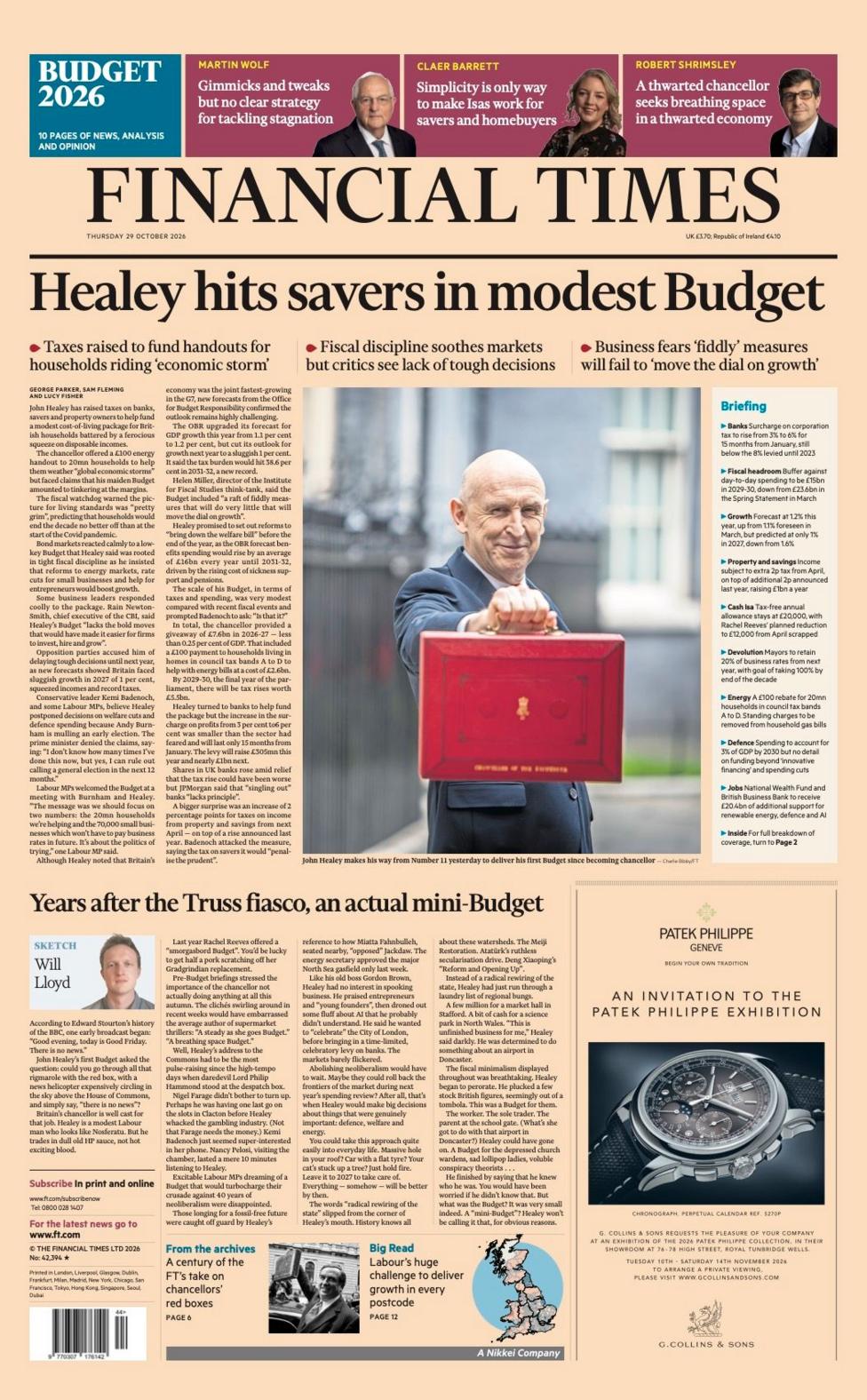 The headline on the front page of the Financial Times reads: 'Healey hits savers in modest Budget.'