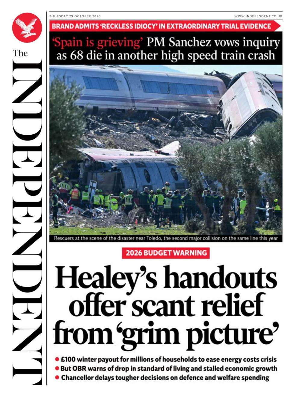 The headline on the front page of the Independent reads: 'Healey's handouts offer scant relief from "grim picture".'