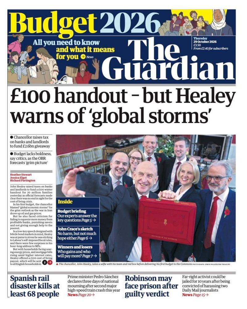 The headline on the front page of the Guardian reads: '£100 handout - but Healey warns of "global storms".'