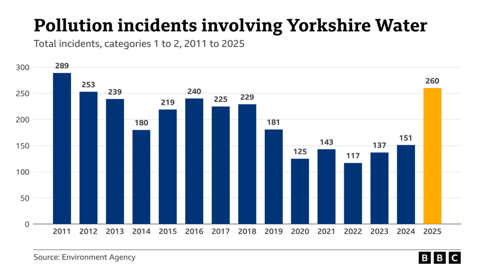 A bar graph showing the number of pollution incidents each year since 2011