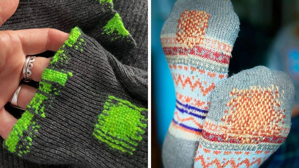 Composite image showing a hand displaying the cuff of a grey jumper that has been darned with bright green thread on the left, and the soles of a pair of feet wearing multi-coloured socks that have been darned with yellow and red thread on the right.