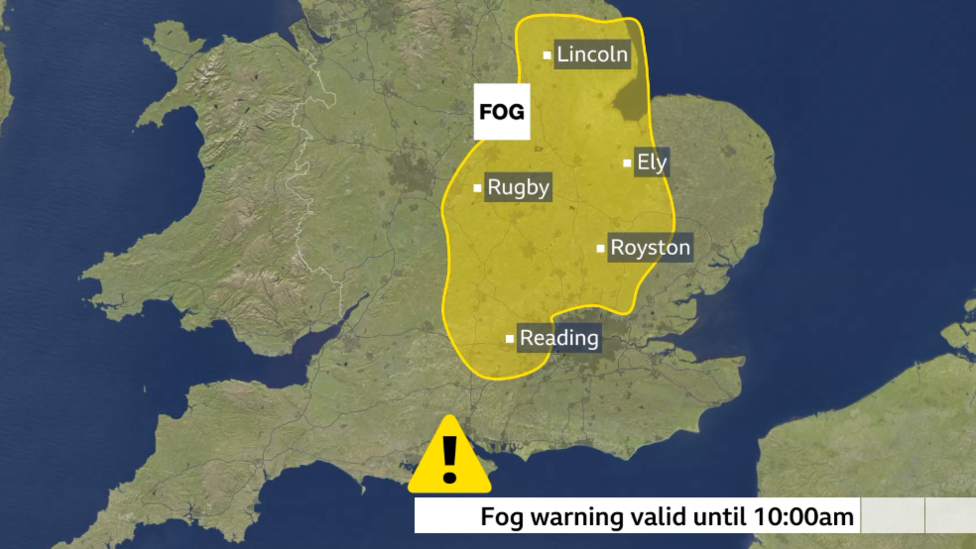BBC weather graphic showing a yellow weather warning across the East Midlands, Lincolnshire and Home Counties valid until 10am