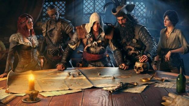 Characters from Assassin's Creed IV: Black Flag gather around a table looking at maps.