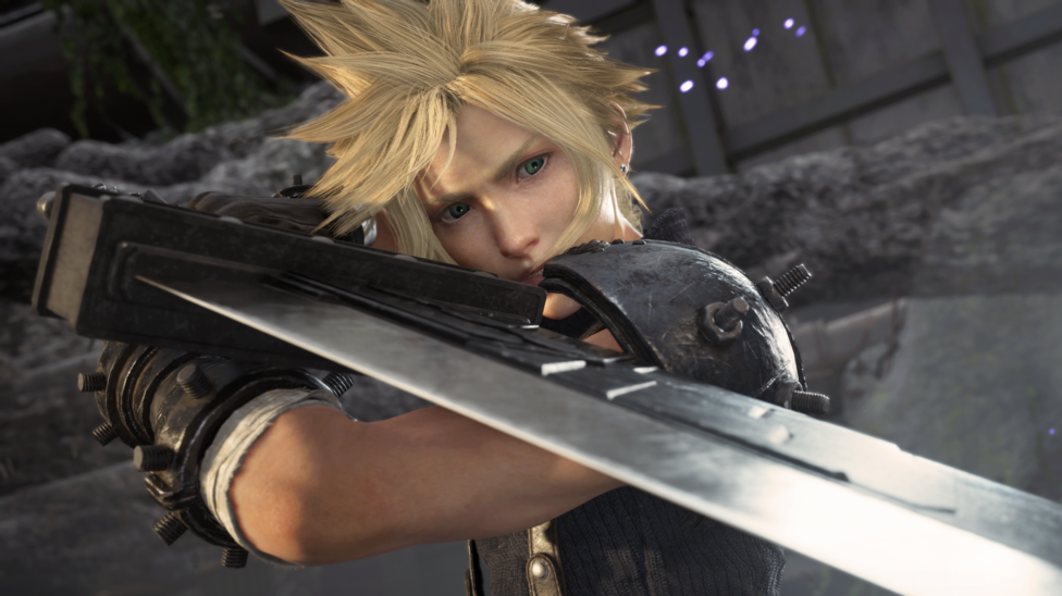 A character from the game Final Fantasy VII Rebirth. He has blond spiky hair and looks down the blade of a sword.