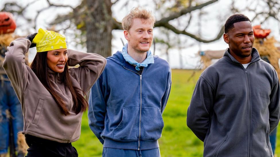 Maya Jama (left), James Acaster (middle) and King Kenny (right) on The Celebrity Traitors during a task.