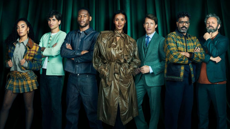 The seven Celebrity Traitors finalists standing in a row in a composite promotional photo