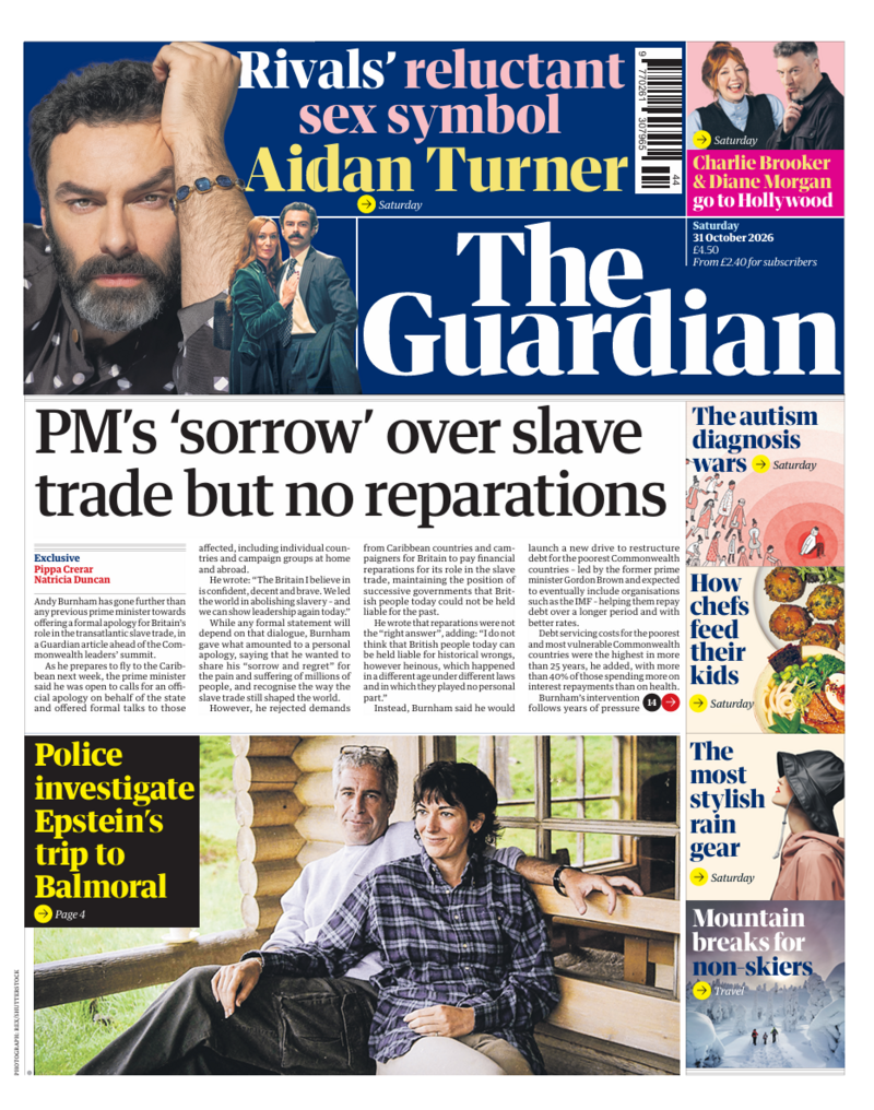The headline on the front page of the Guardian reads: "PM's 'sorrow' over slave trade but no reparations".
