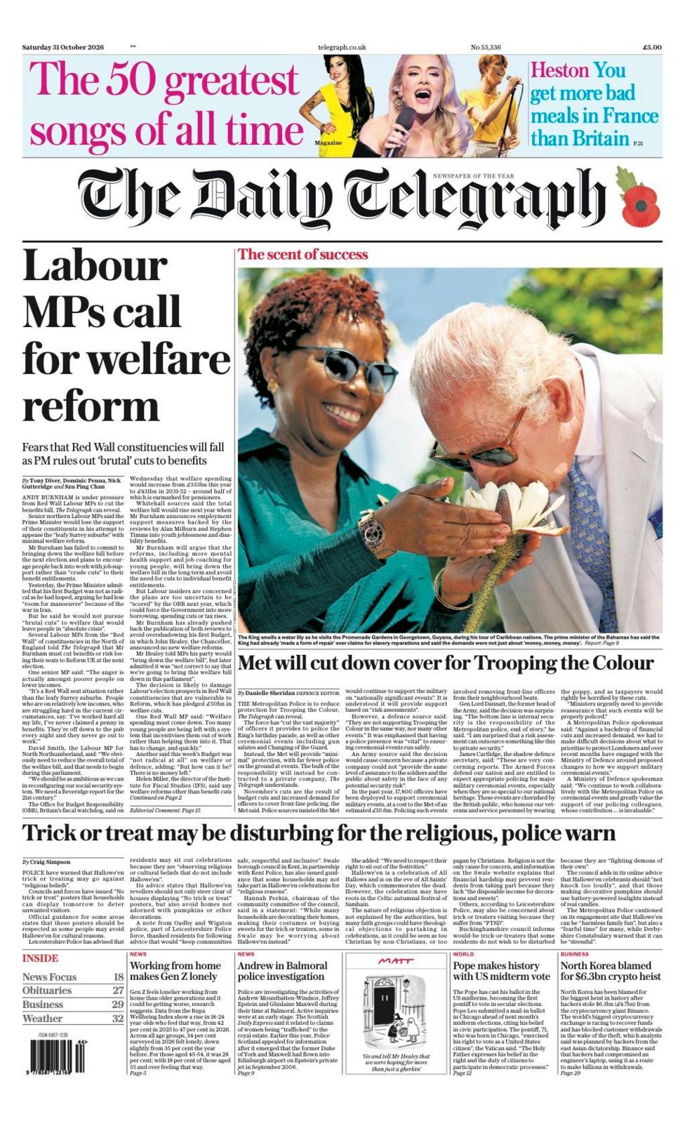 The headline on the front page of the Daily Telegraph reads: "Labour MPs call for welfare reform".