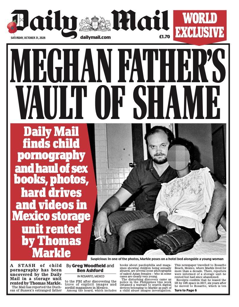 The headline on the front page of the Daily Mail reads: "Meghan father's vault of shame".