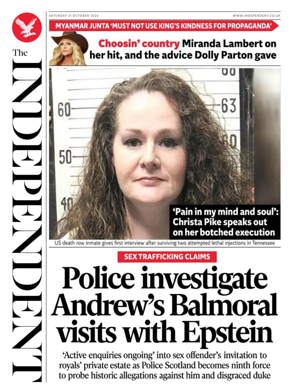 The headline on the front page of the Independent reads: "Police investigate Andrew's Balmoral visits with Epstein".